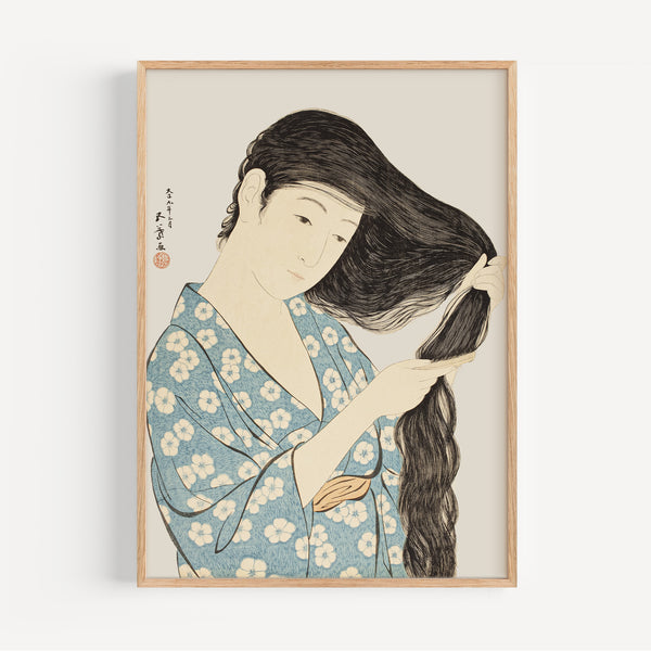 The French Print - Affiche Woman in Blue Combing Her Hair - Hashiguchi Goyo, 1920